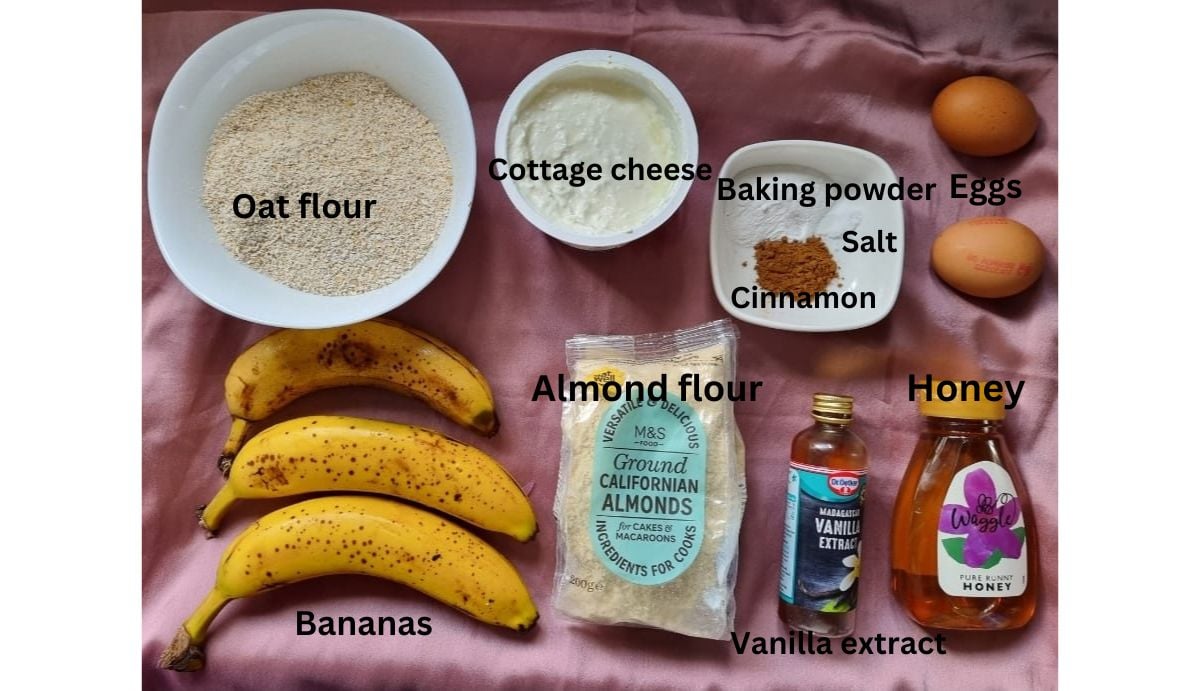 picture of the ingredients needed to make cottage cheese banana bread.