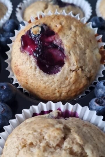 Cottage cheese blueberry muffins in a muffin tin with some blueberries scattered around.